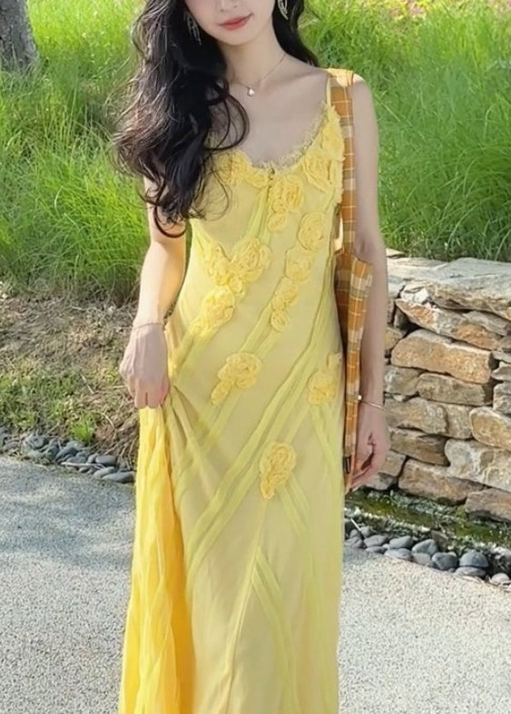 Yellow V Neck High Waist Spaghetti Strap Dress Sleeveless