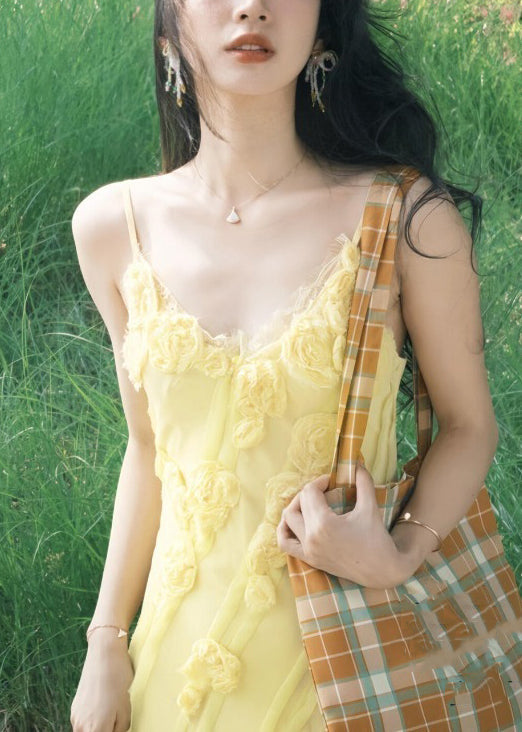 Yellow V Neck High Waist Spaghetti Strap Dress Sleeveless