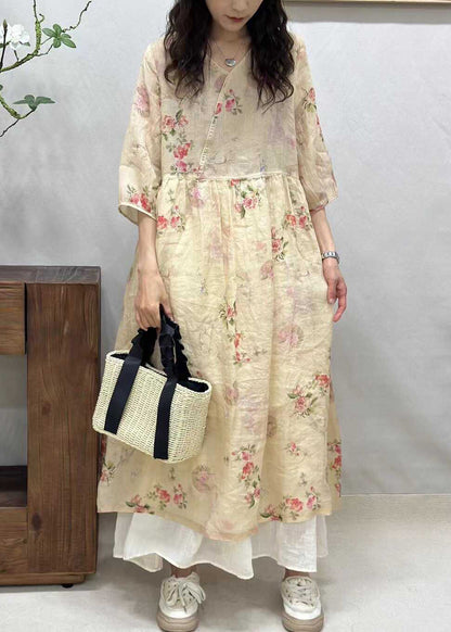 Yellow V Neck Print Linen Long Dresses Half Sleeve