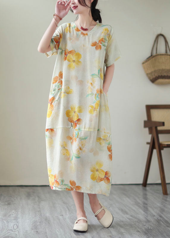 Yellow V Neck Print Patchwork Cotton Dress Summer