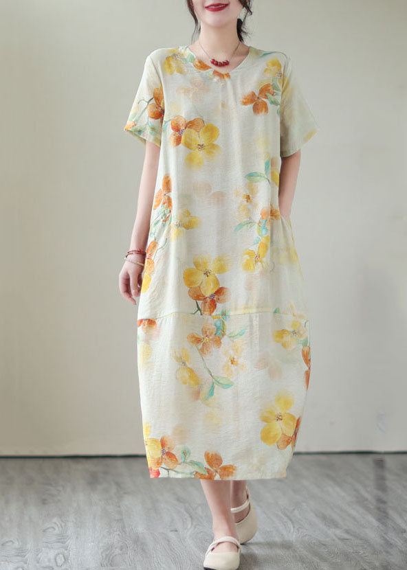 Yellow V Neck Print Patchwork Cotton Dress Summer