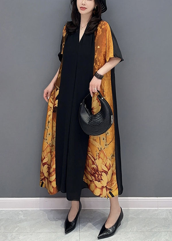 Yellow V Neck Print Wrinkled Drawstring Patchwork Silk Dress Summer
