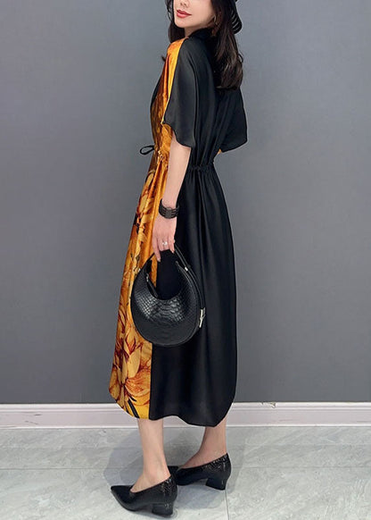 Yellow V Neck Print Wrinkled Drawstring Patchwork Silk Dress Summer