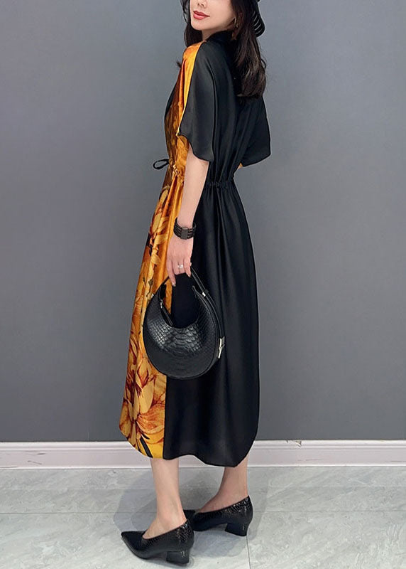 Yellow V Neck Print Wrinkled Drawstring Patchwork Silk Dress Summer