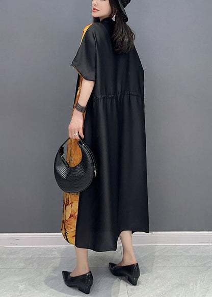 Yellow V Neck Print Wrinkled Drawstring Patchwork Silk Dress Summer