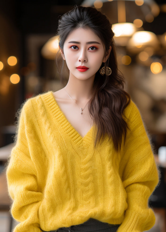 Yellow V Neck Cotton Knit Sweaters Winter