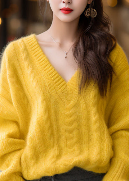 Yellow V Neck Cotton Knit Sweaters Winter