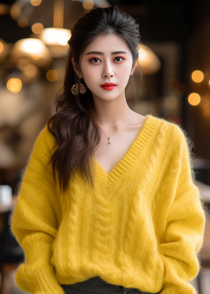 Yellow V Neck Cotton Knit Sweaters Winter