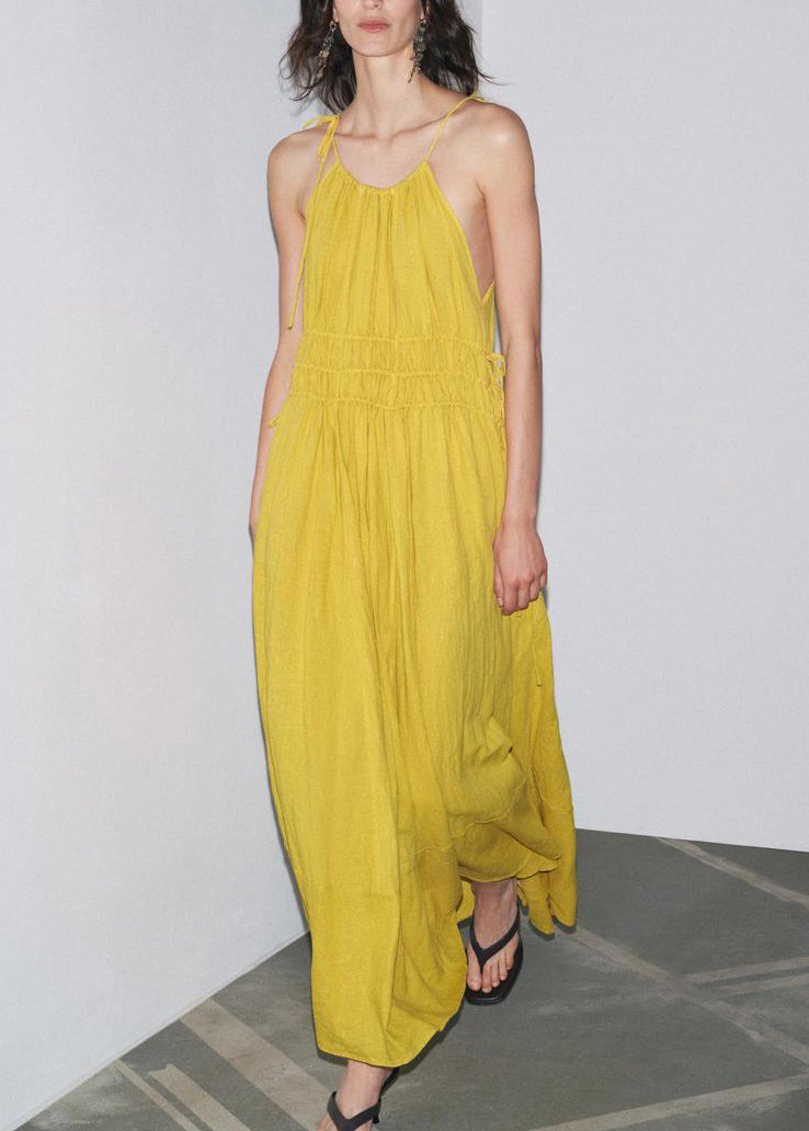 Yellow Wrinkled Lace Up Linen Spaghetti Strap Dress Sleeveless