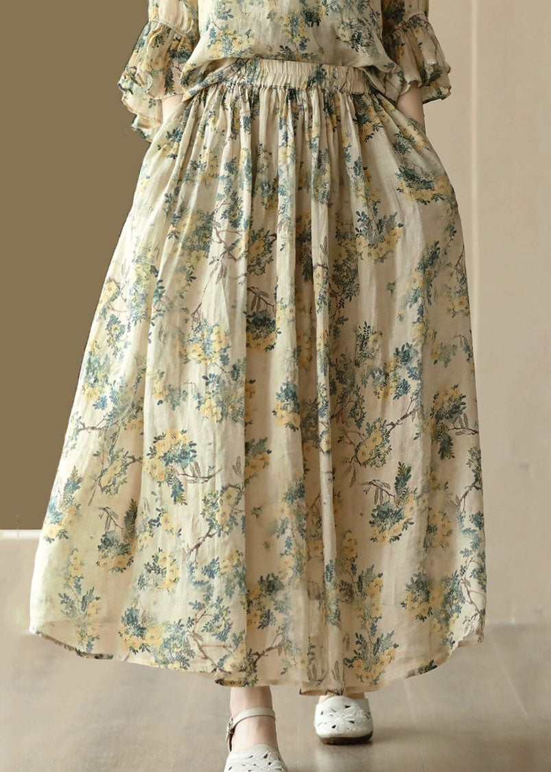 Yellow Wrinkled Pockets Print Patchwork Linen Skirt Summer
