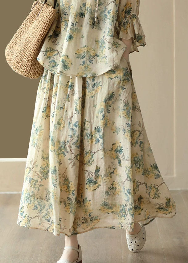 Yellow Wrinkled Pockets Print Patchwork Linen Skirt Summer