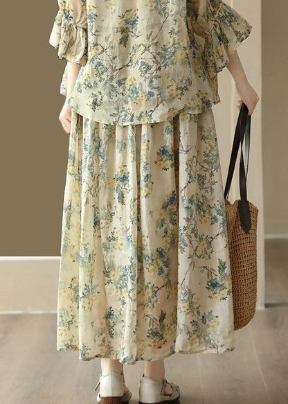 Yellow Wrinkled Pockets Print Patchwork Linen Skirt Summer