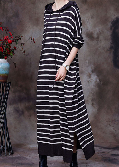 Chocolate Drawstring Hooded Striped Knit Long Dresses Spring