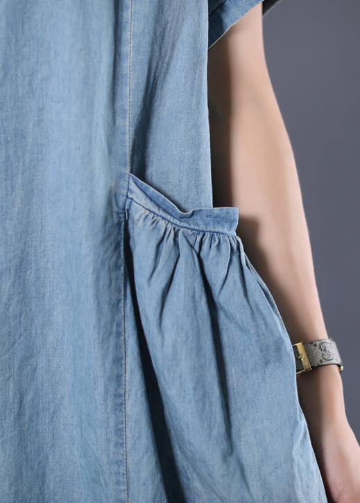 Denim Blue Cotton Clothes Cinched Pockets Long Summer Dresses