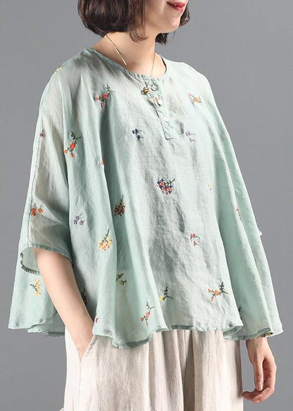 Green Embroidery Tunic Pattern O Neck Batwing Sleeve Knee Blouses