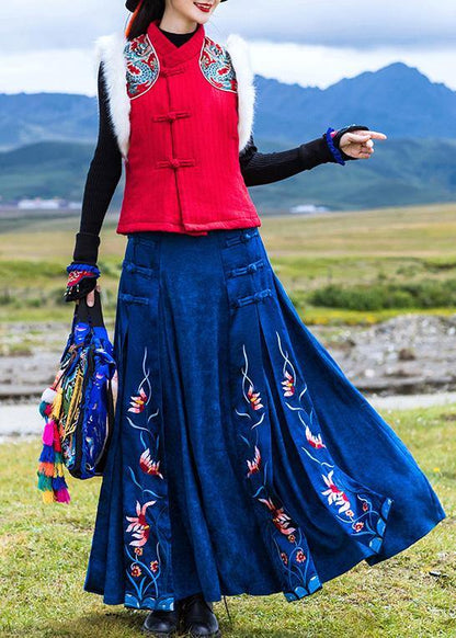 Navy Cotton Quilting Clothes Chinese Button Loose Embroidery Skirts
