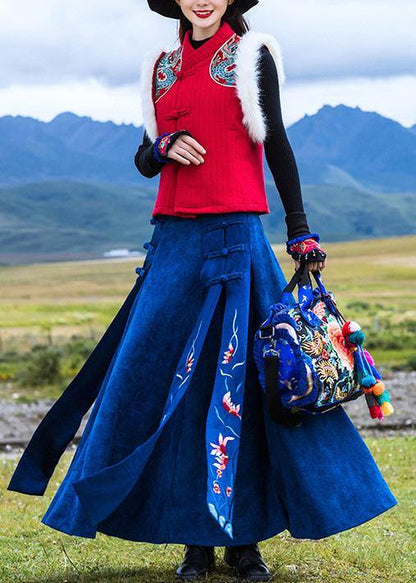 Navy Cotton Quilting Clothes Chinese Button Loose Embroidery Skirts