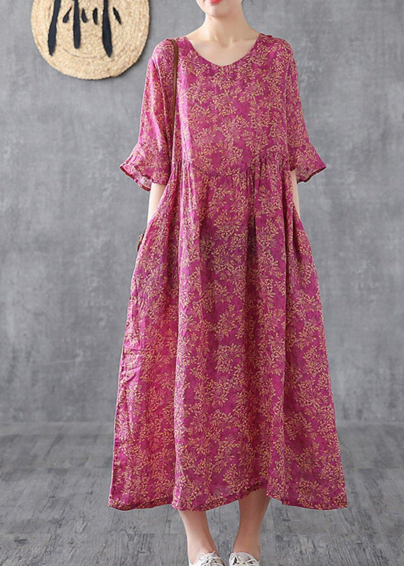 Purple Red Print Chiffon Dress O Neck Petal Sleeve Loose Summer Dress