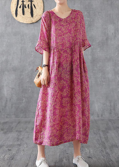 Purple Red Print Chiffon Dress O Neck Petal Sleeve Loose Summer Dress