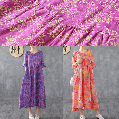 Purple Red Print Chiffon Dress O Neck Petal Sleeve Loose Summer Dress