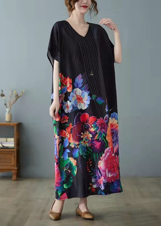 Black Print Asymmetrical Design Patchwork Silk Ankle Dress Summer