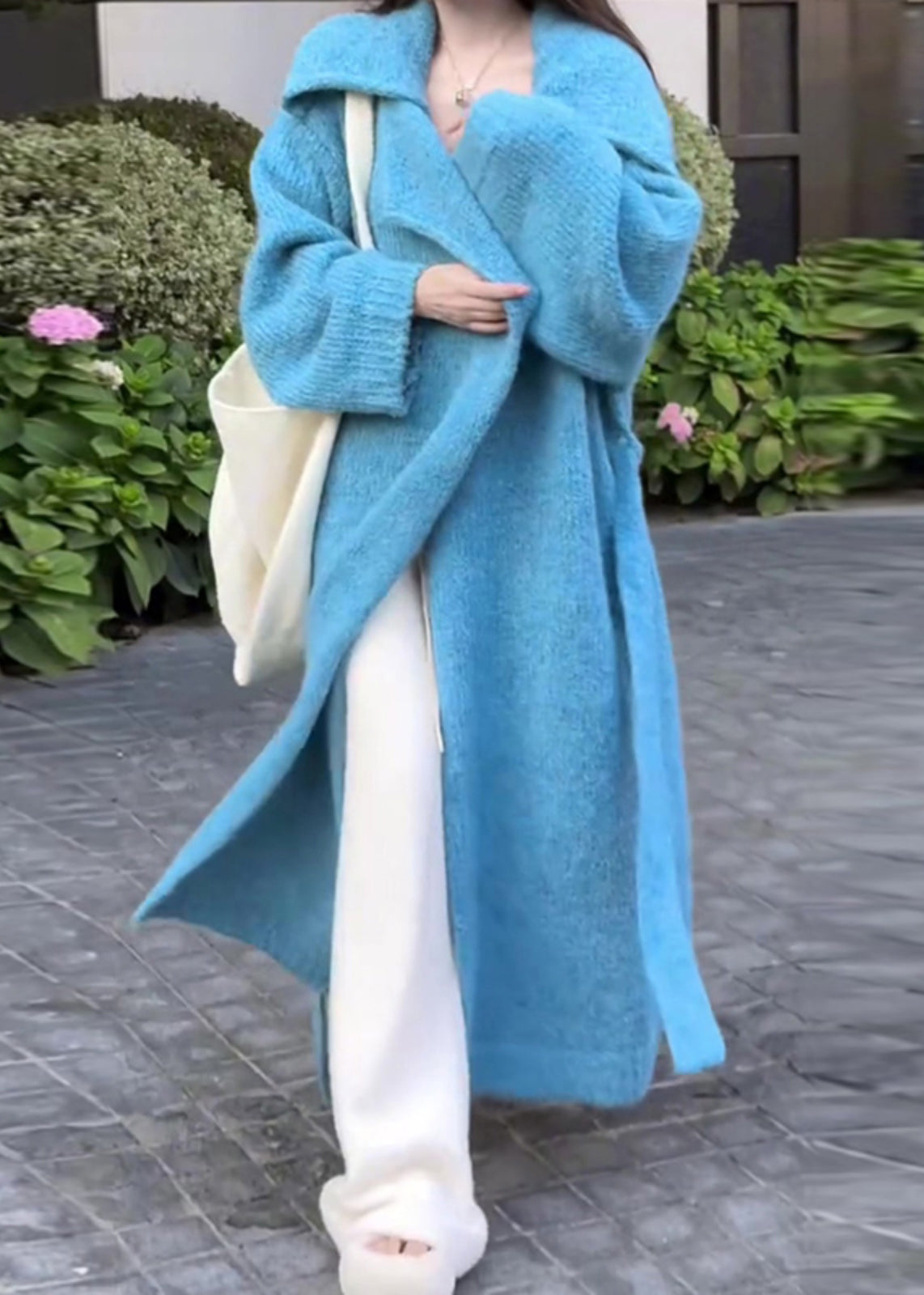 Elegantblue Peter Pan Collar Tie Waist Knit Long Coat Fall