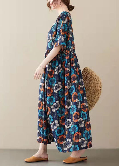 Blue O-neck Print Summer Party Dress Half Sleeve