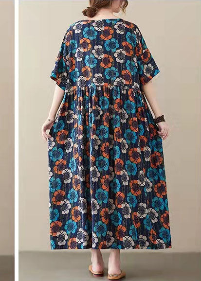 Blue O-neck Print Summer Party Dress Half Sleeve