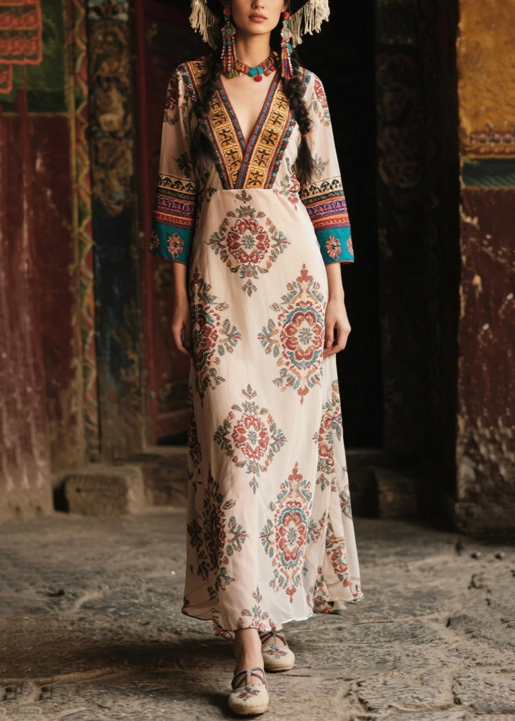 Style Apricot V Neck Print Chiffon Robe Dresses Bracelet Sleeve