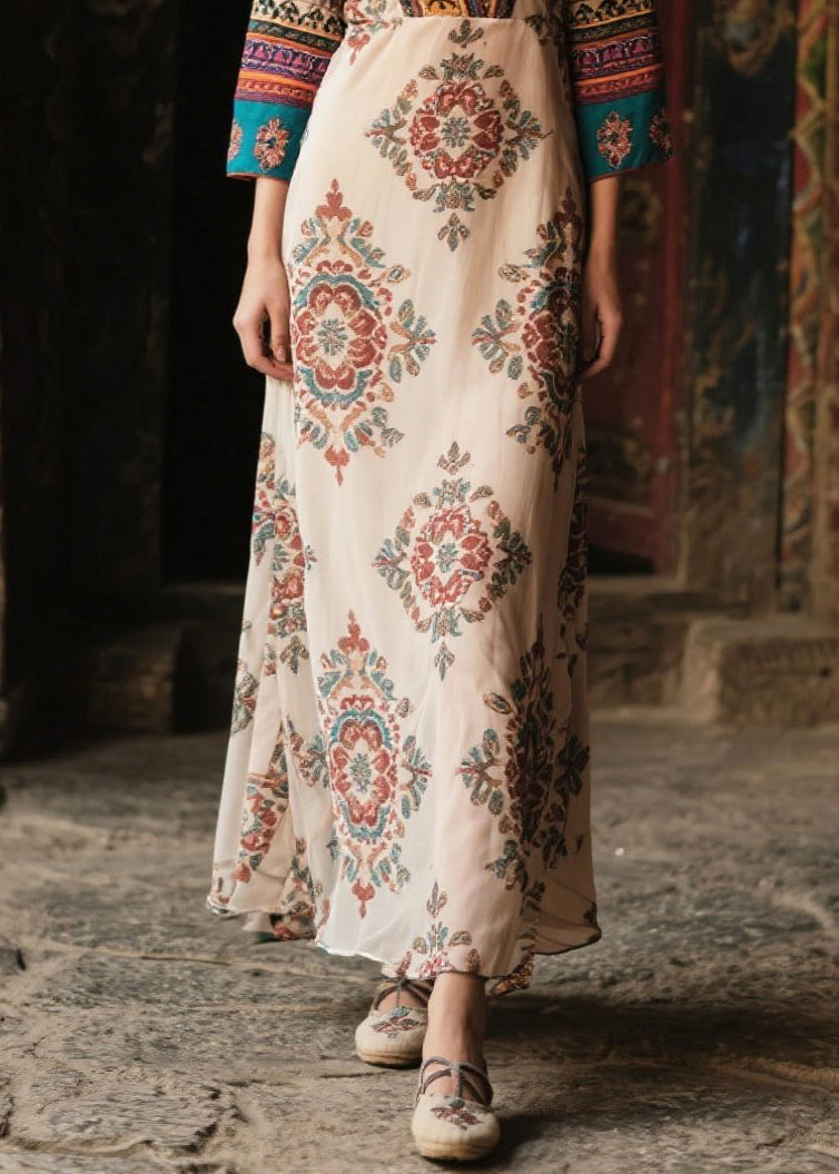 Style Apricot V Neck Print Chiffon Robe Dresses Bracelet Sleeve