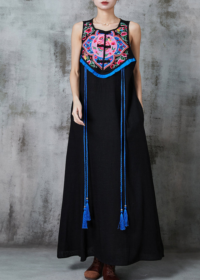 Style Black Embroidered Tasseled Cotton Holiday Dress Sleeveless