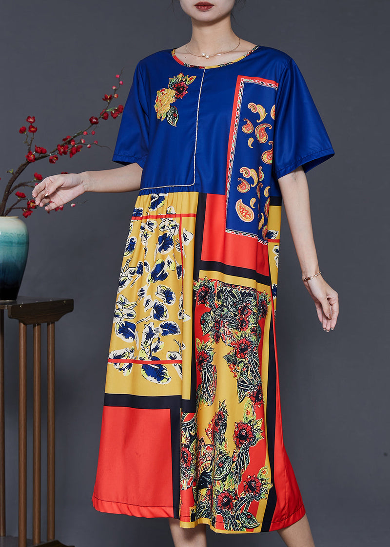 Style Blue Oversized Print Silk Dresses Summer