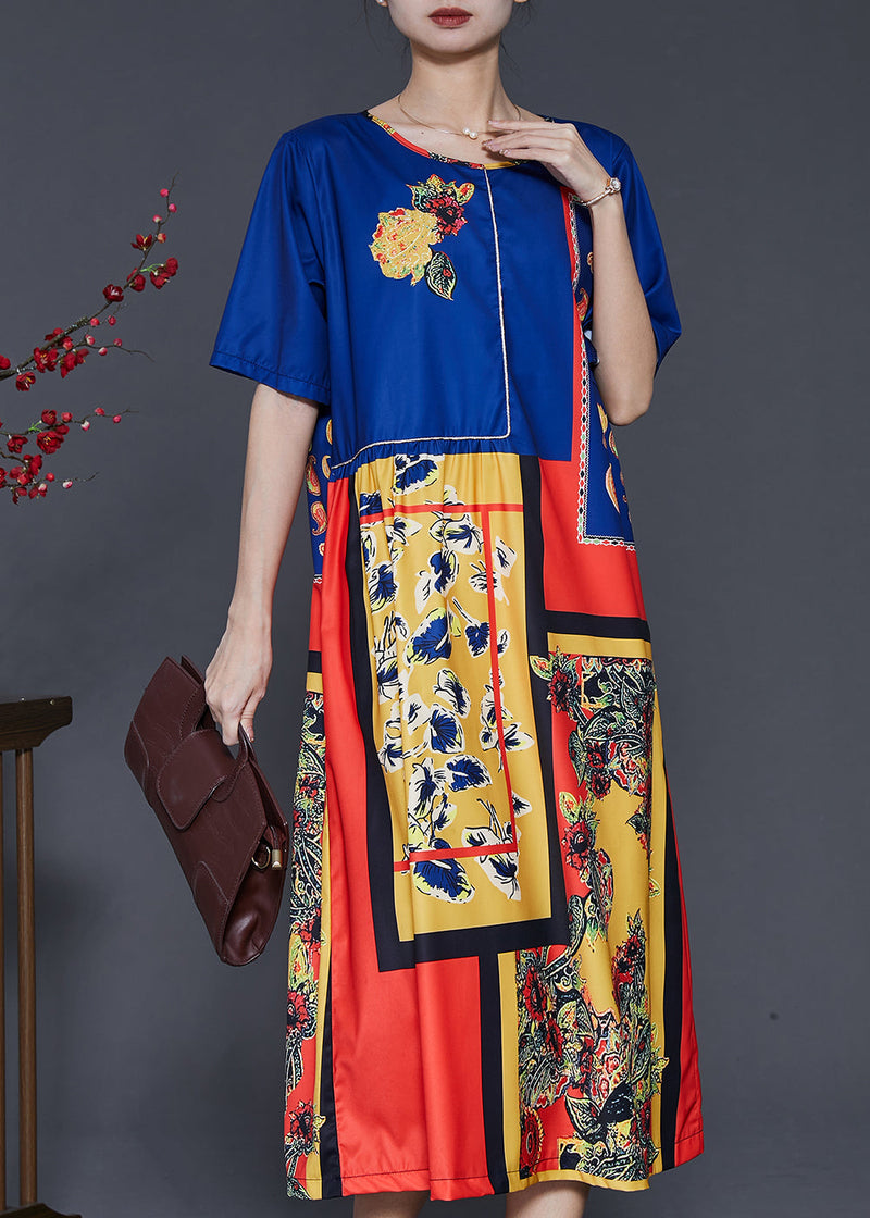 Style Blue Oversized Print Silk Dresses Summer