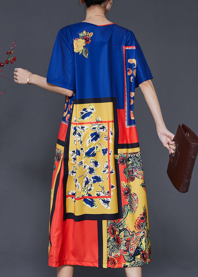 Style Blue Oversized Print Silk Dresses Summer
