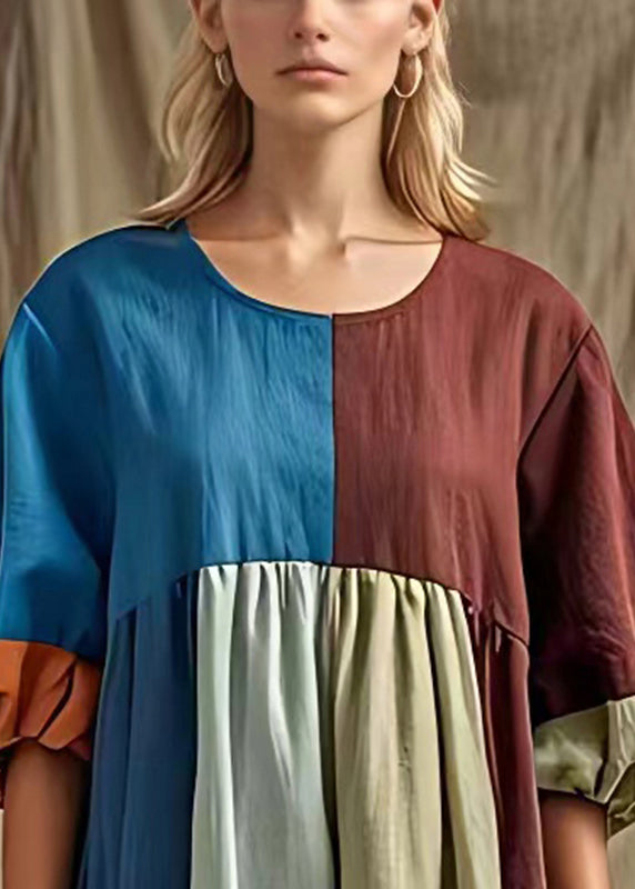 Style Colorblock Puff Sleeve Cotton Long Dress