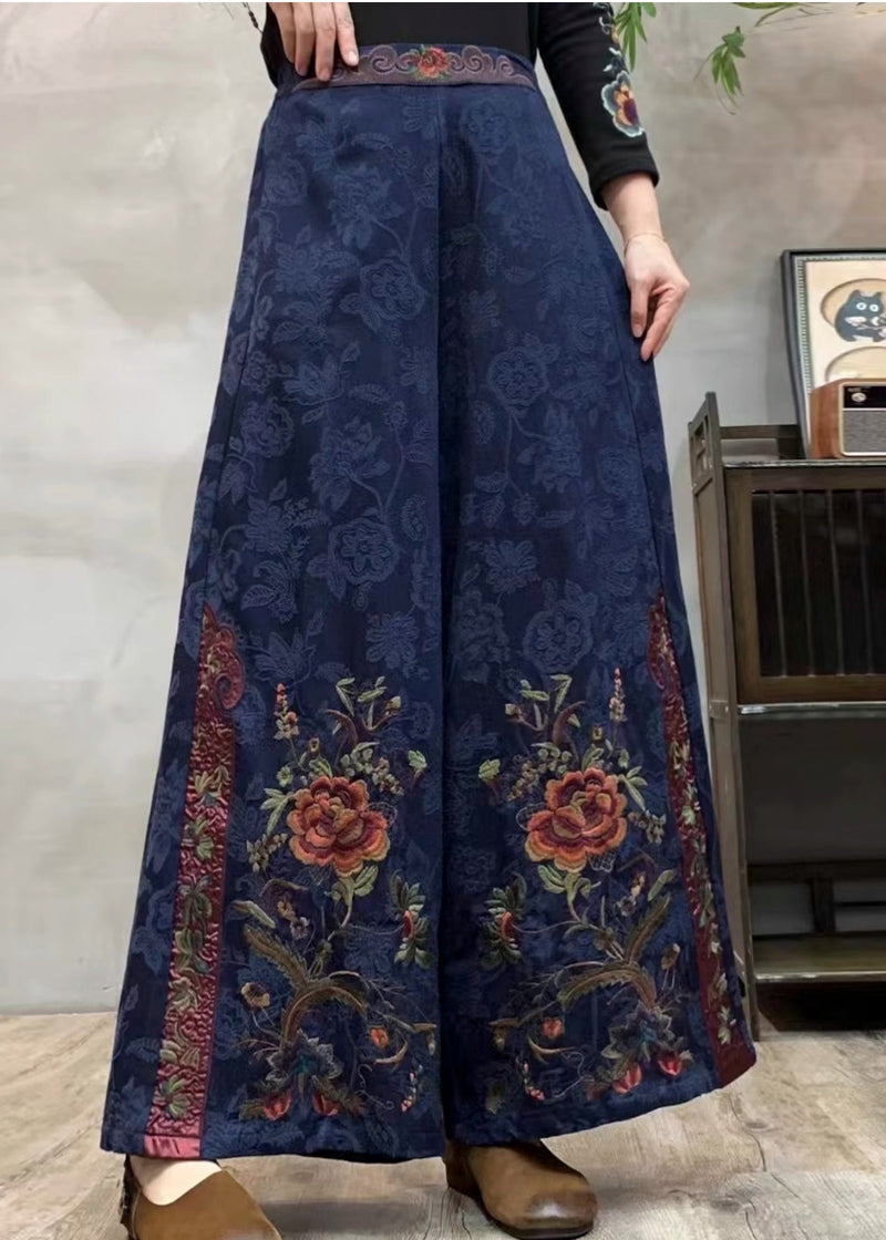 Style Navy Embroidered Cotton Wide Leg Pants Spring