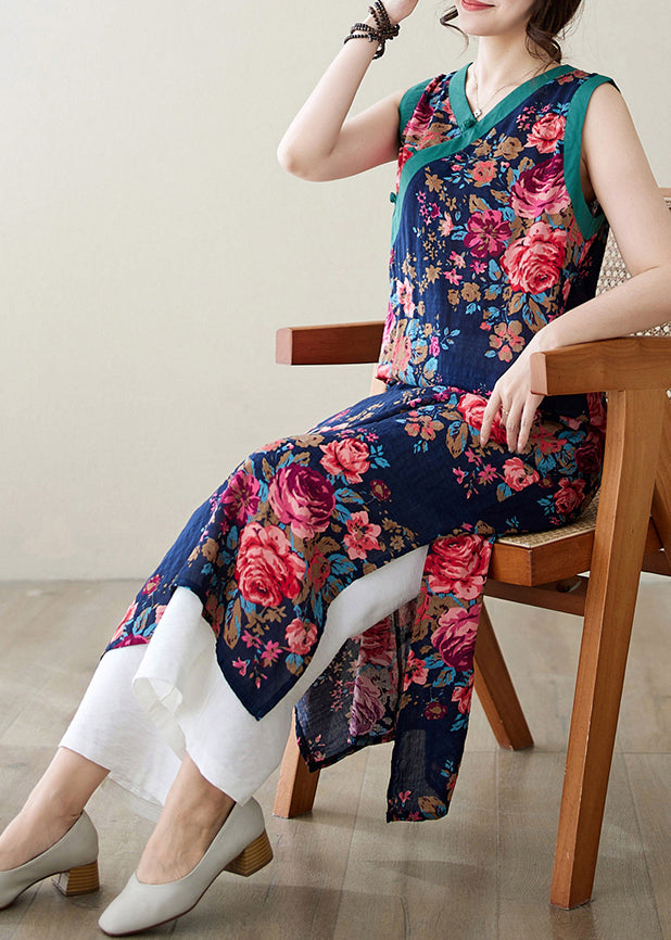 Style Navy Print Side Open Linen Dresses Sleeveless