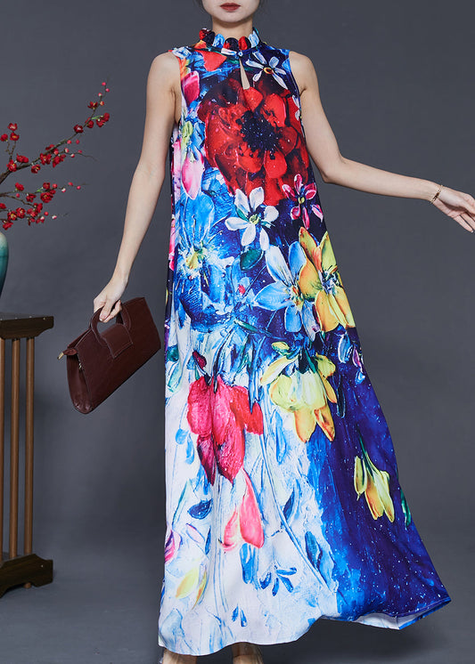 Style Peacock Blue Mandarin Collar Print Cotton Dresses Sleeveless