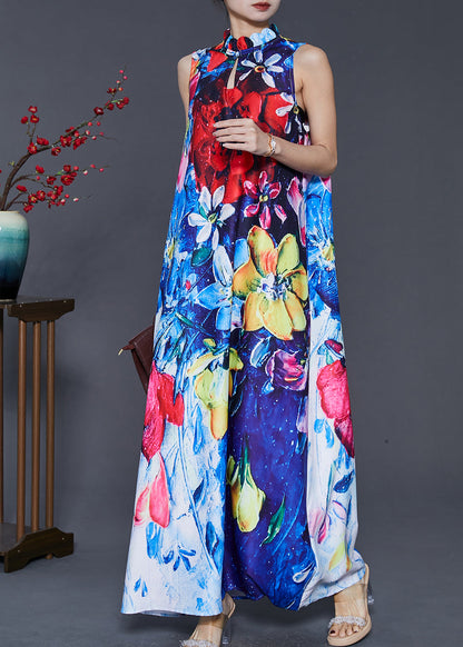 Style Peacock Blue Mandarin Collar Print Cotton Dresses Sleeveless