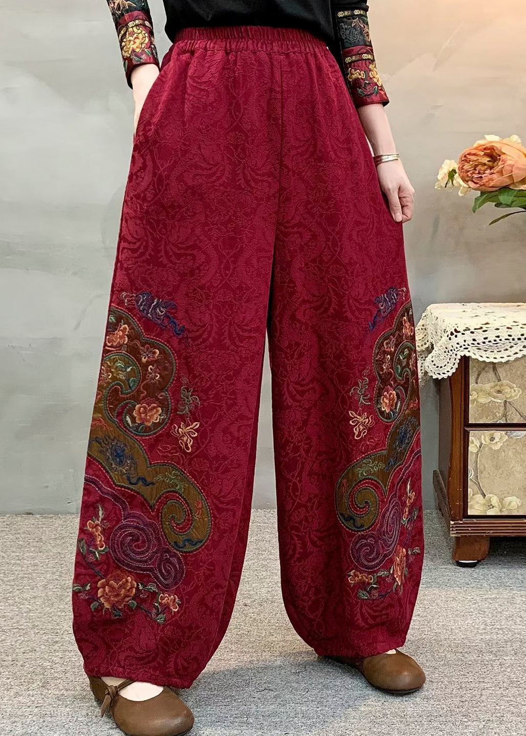 Style Red Linen Harem Pants Embroidered Spring