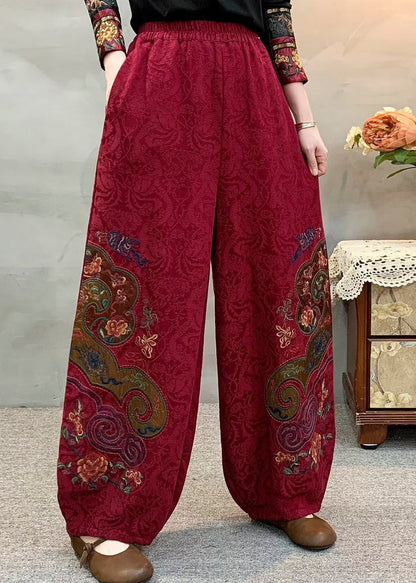 Style Red Linen Harem Pants Embroidered Spring