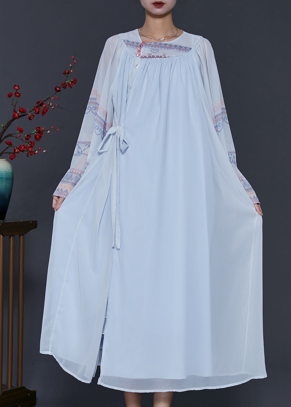 Style Sky Blue Oversized Lace Up Chiffon Dress Summer