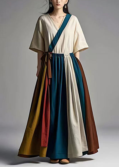 Style White Cinched Patchwork Cotton Dresses Summer
