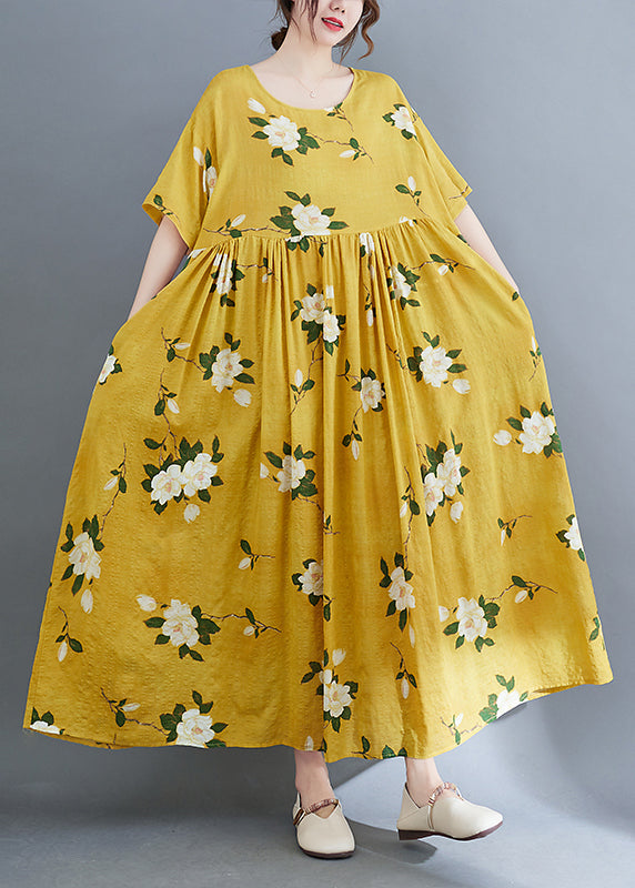 Style Yellow O-neck Cinched Print Long Dresses Short Sleeve