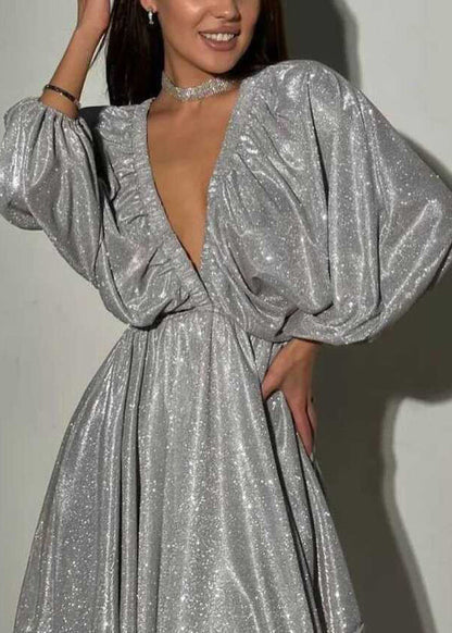 European and American Silver V Neck Party Dress