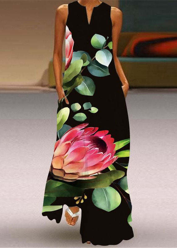 European and American Style Black V Neck Print Chiffon Dresses Sleeveless