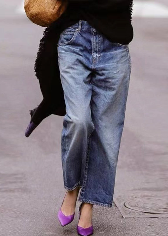 European and American Style Blue Pockets Denim Straight Pants Spring
