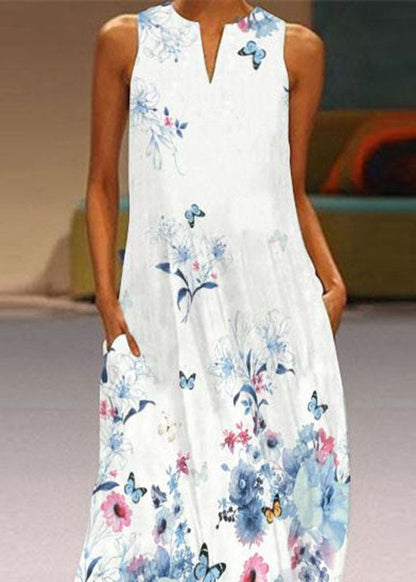 European and American Style Blue Print Chiffon Long Dress Summer