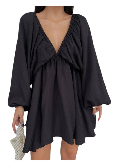 European and American Style Lantern Sleeve V Neck Short Dress