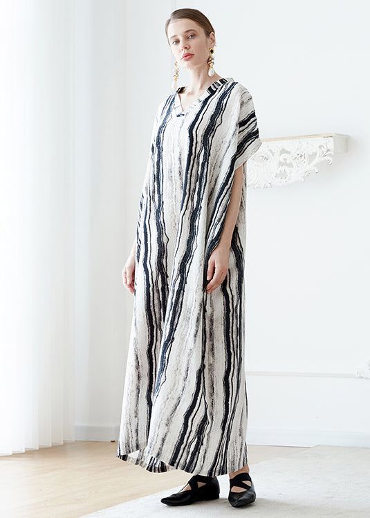 European and American Style V Neck Striped Cotton Holiday Robe Dresses Summer